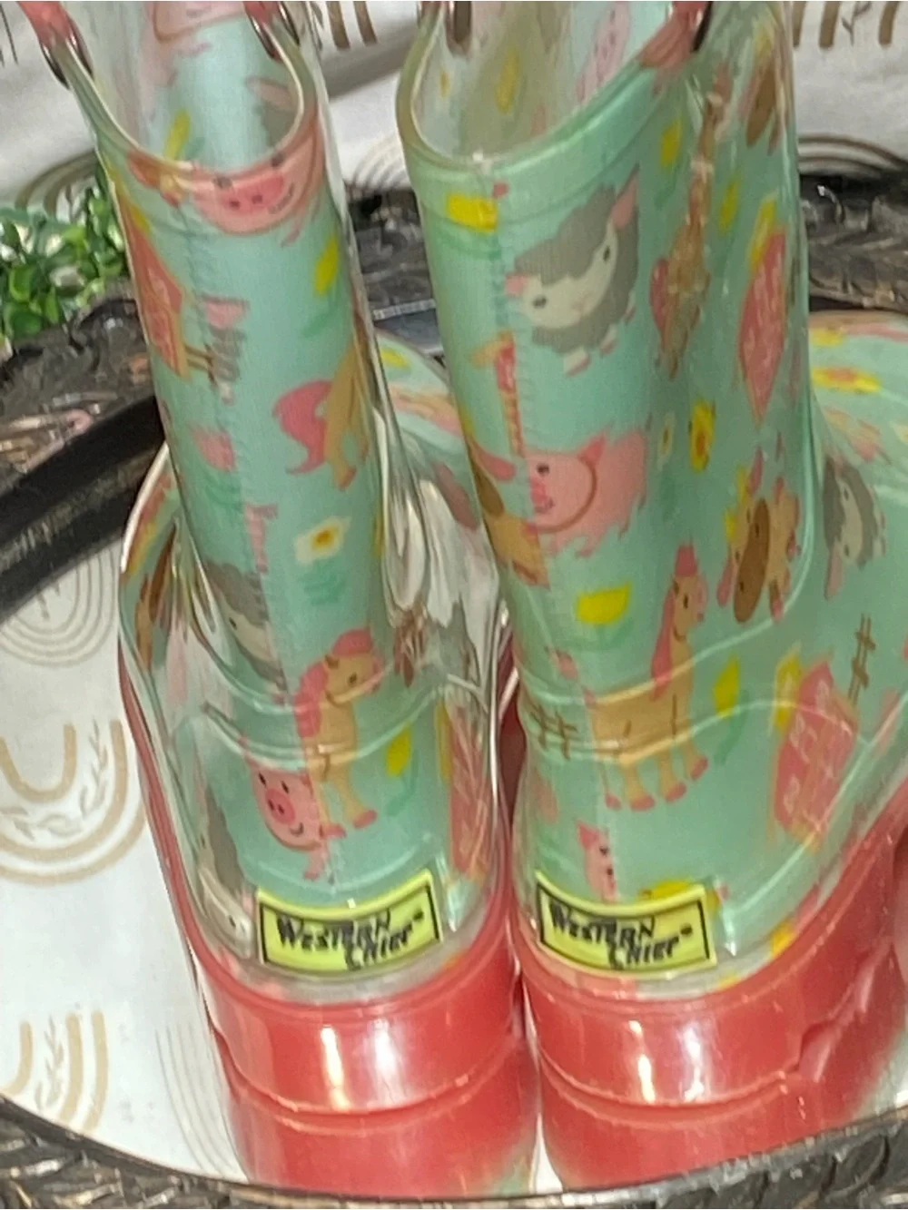 Western Chief Mint Green Farm Animal Rain Boots with Pink Soles